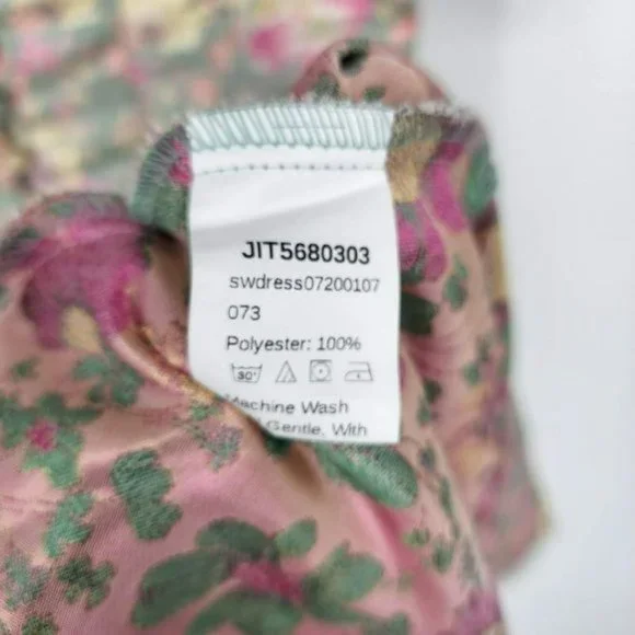 Shein Mini Dress S Pink Colorful Metallic Floral Puff Sleeve Button Front Pleat - Picture 7 of 12